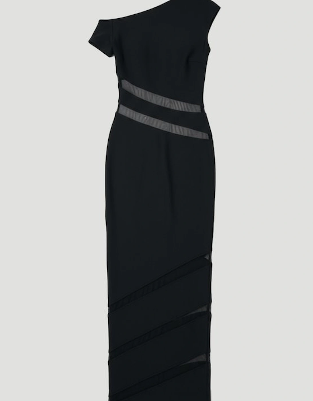 Asymmetric Neck Figure Form Mesh Panel Maxi Dress