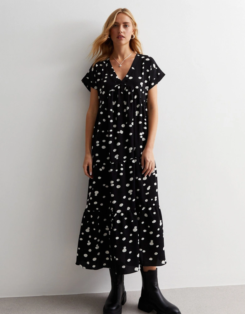 Black Polka Dot V Neck Tiered Midi Dress