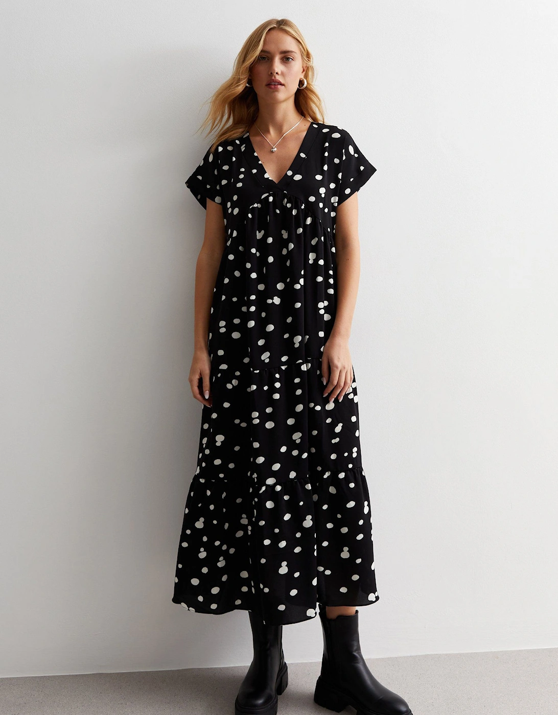 Black Polka Dot V Neck Tiered Midi Dress, 2 of 1