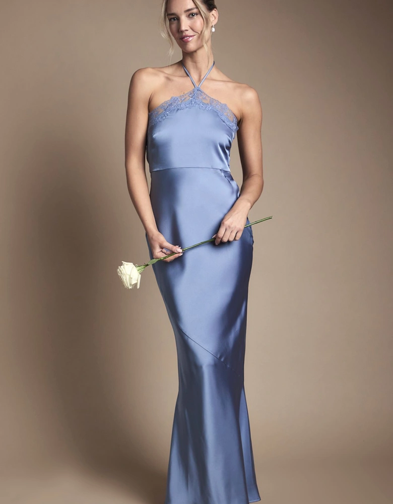 Lace Trim Halter Satin Maxi Bridesmaid Dress