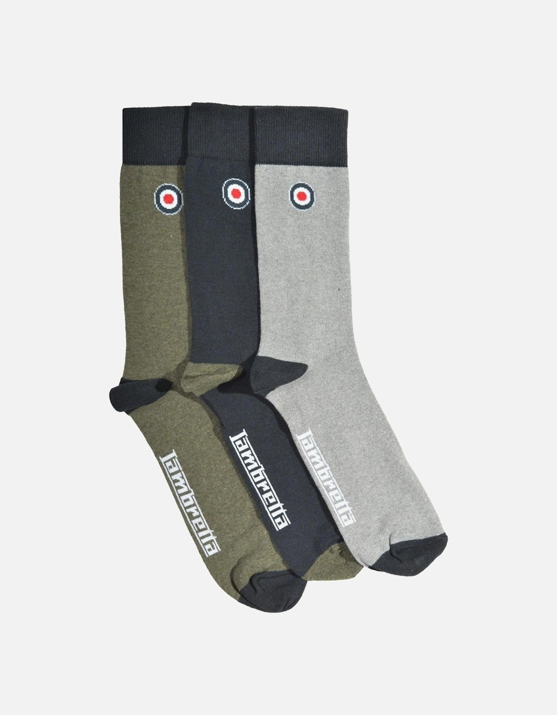 Mens 3 Pack Crew Socks - Grey/Navy/Khaki - OS, 2 of 1
