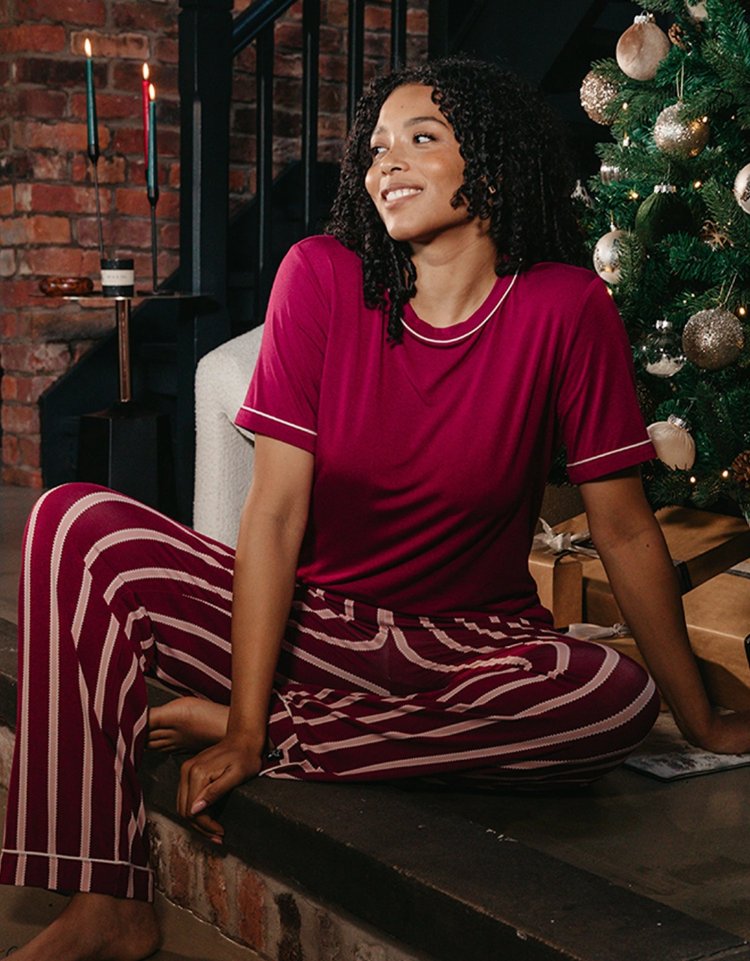 Bamboo Tee and Trouser Set in Bordeaux Stripe, 6 of 5