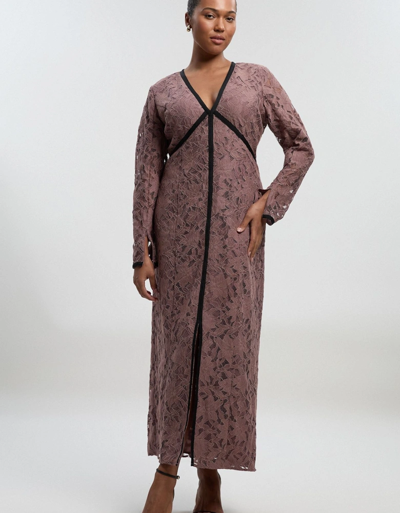 Plus Size Lace with black taping long sleeve woven maxi dress