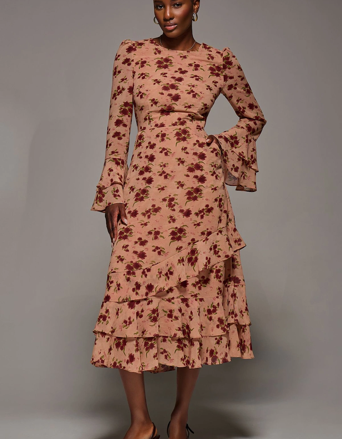 Long Sleeve Frill Chiffon Midaxi Dress, 2 of 1