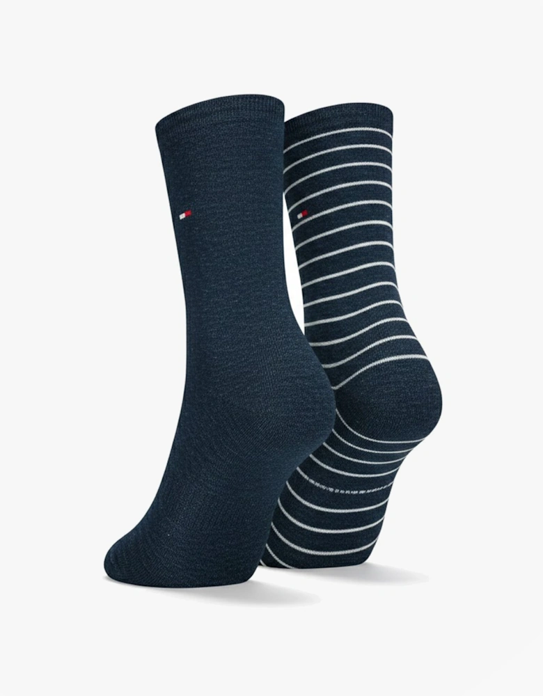 2 Pack Womens Crew Stripe Socks Navy