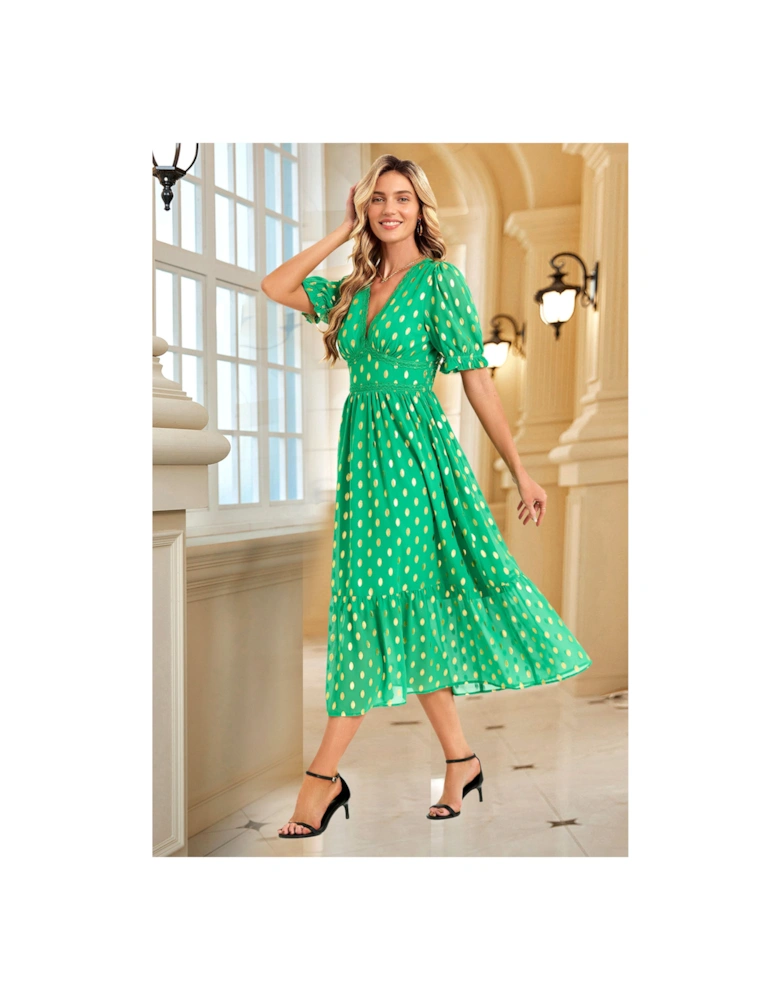 Lace Trim Foil Midi Dress In Green