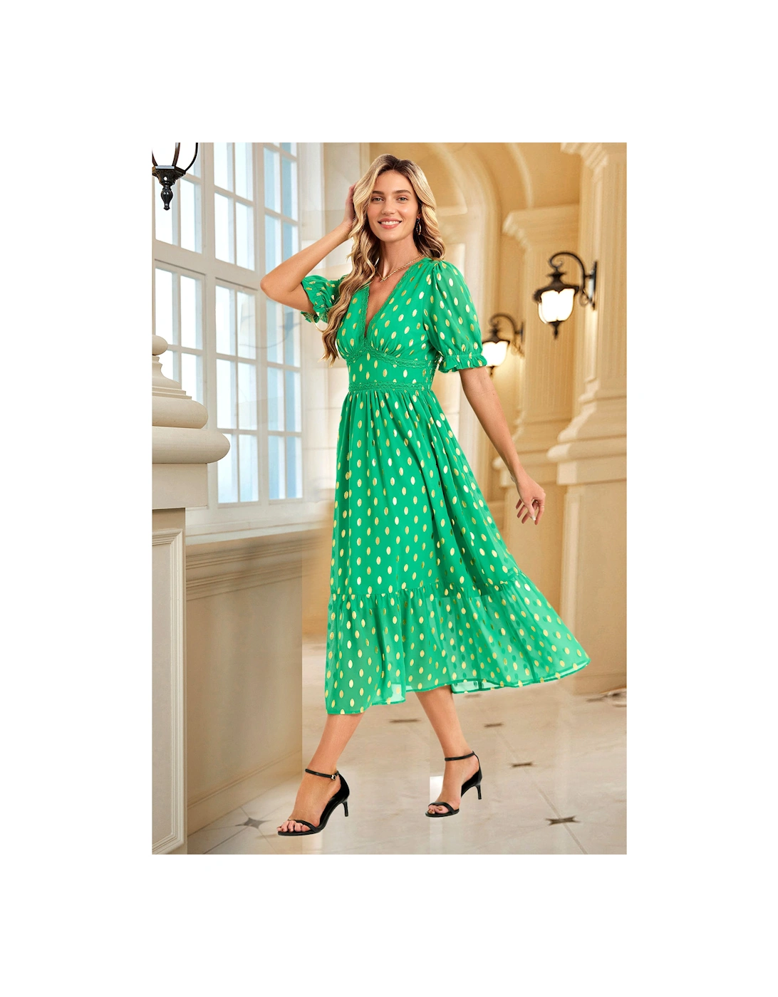 Lace Trim Foil Midi Dress In Green, 2 of 1