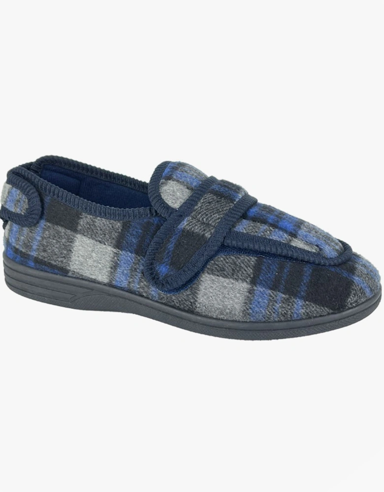 PETER Mens Touch Fasten/Velcro Slippers Navy Blue Check