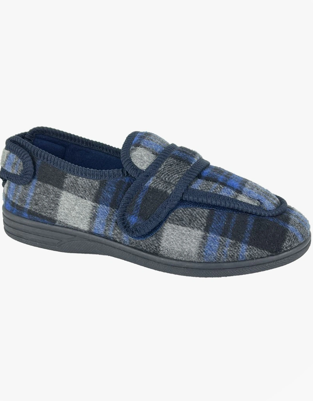 PETER Mens Touch Fasten/Velcro Slippers Navy Blue Check, 2 of 1