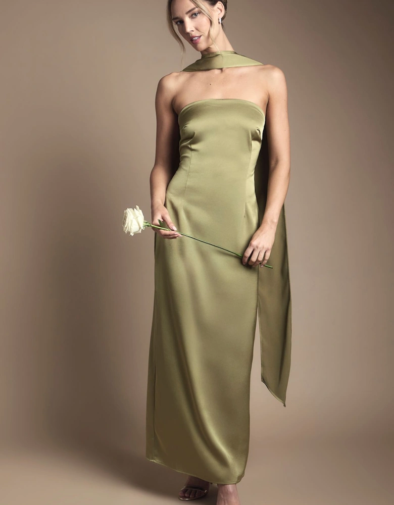 Bandeau Satin Bridesmaid Maxi Dress With Scarf