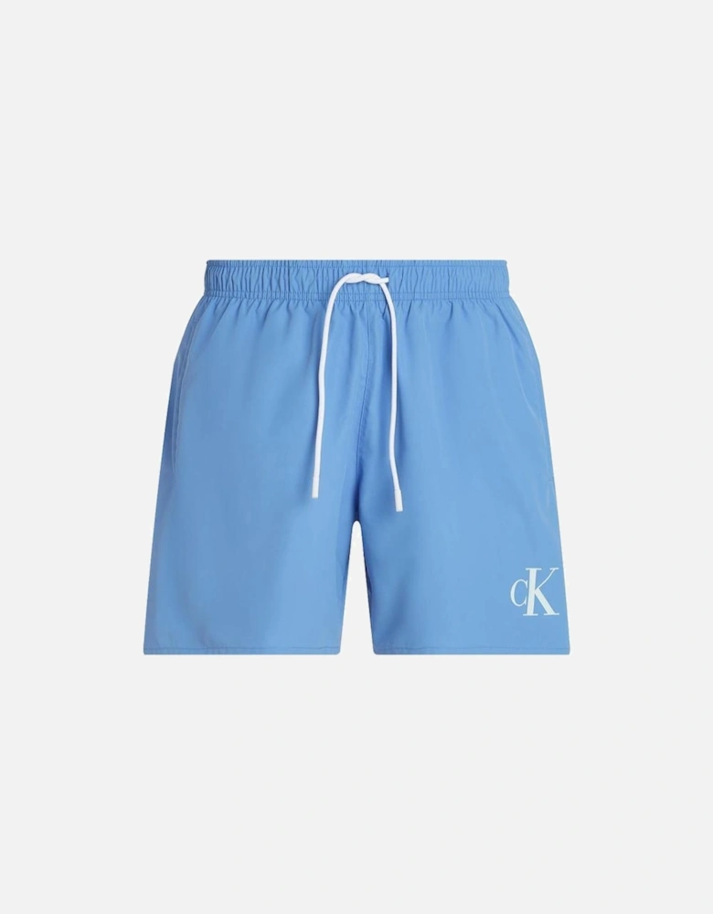 Medium Leg Length Drawstring CK Logo Swim Shorts, Glacier Blue