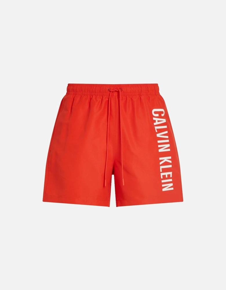 Medium Leg Length Drawstring Side Logo Swim Shorts, Flaming Chilli