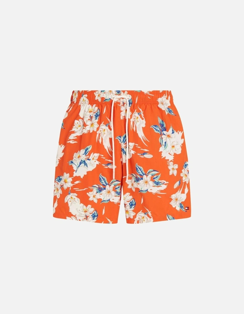 Drawstring Tropical Floral Swim Shorts, Brilliant Orange