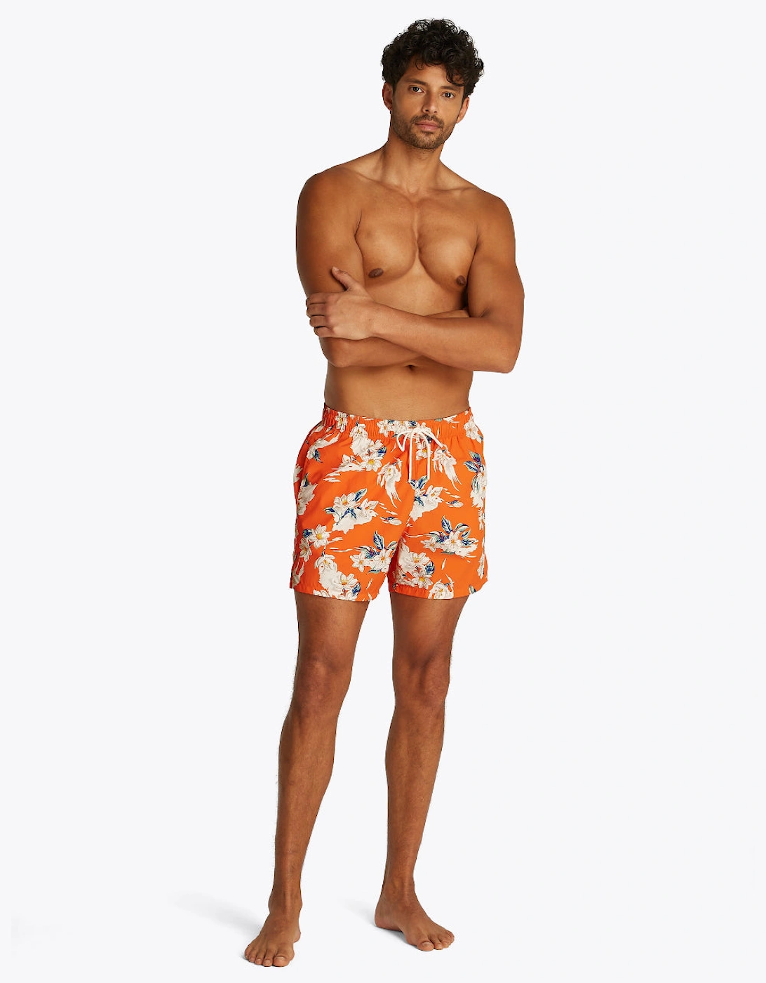 Drawstring Tropical Floral Swim Shorts, Brilliant Orange