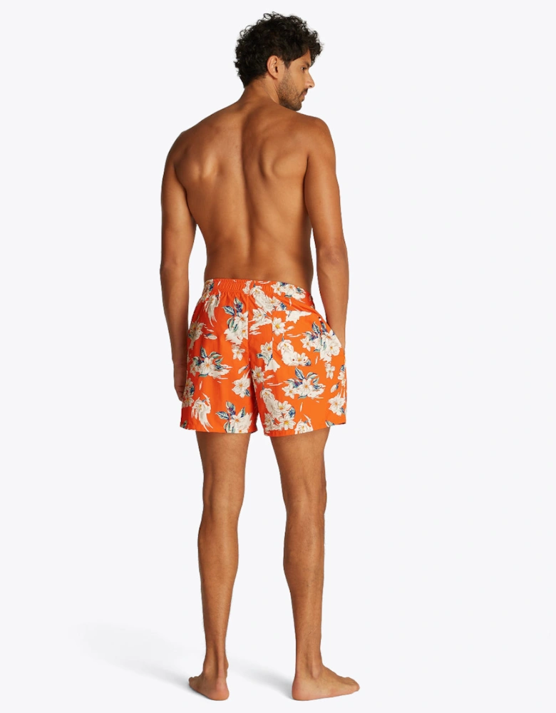 Drawstring Tropical Floral Swim Shorts, Brilliant Orange