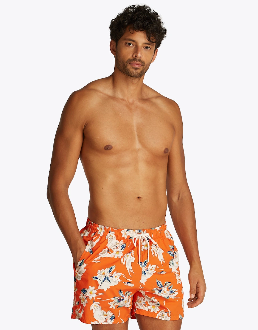 Drawstring Tropical Floral Swim Shorts, Brilliant Orange