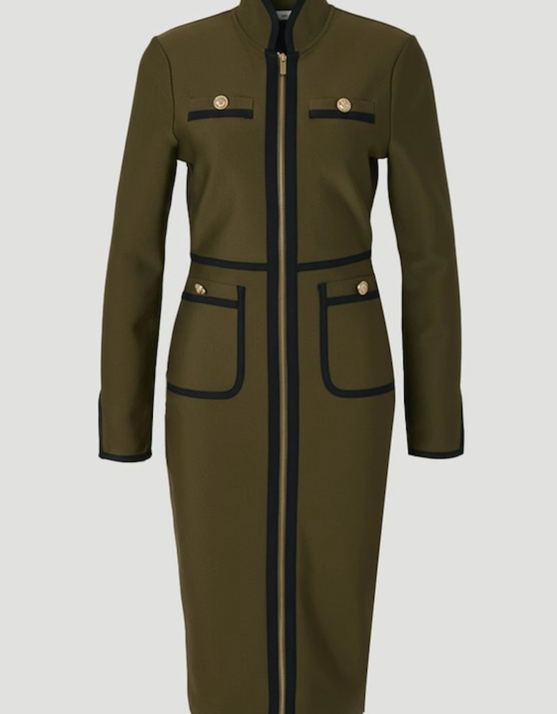 Figure Form Bandage Knit Piping Detail Military Midi Dress