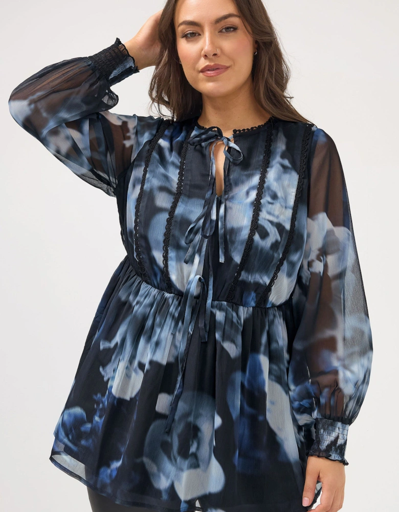 Blurred Floral Tie Front Blouse