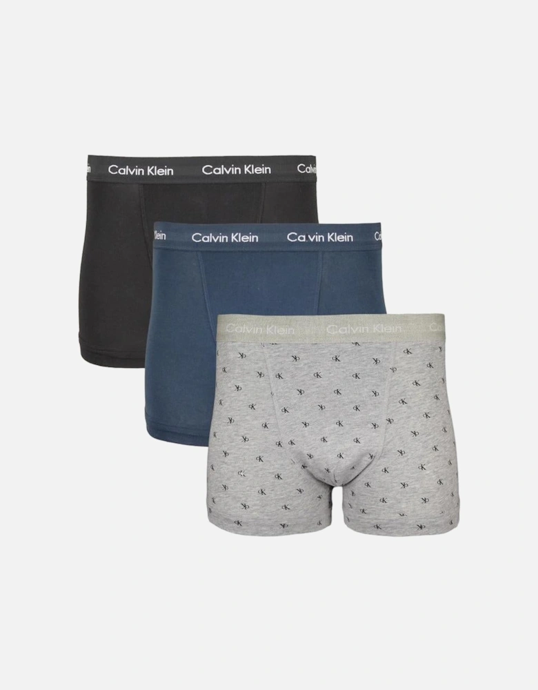 3-Pack Cotton Stretch Boxer Trunks, Black/Blue/Grey