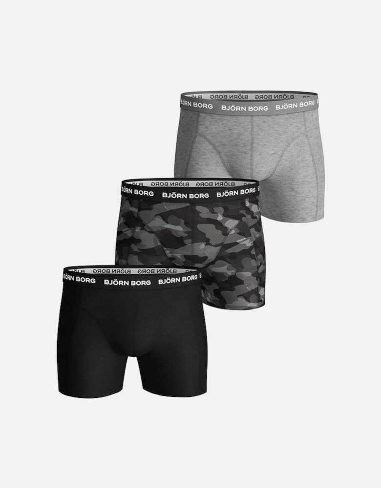 3-Pack Camo & Solid Boxer Trunks, Black/Grey