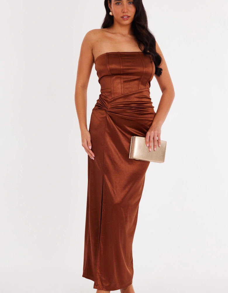 Brown Satin Corset Midaxi Dress