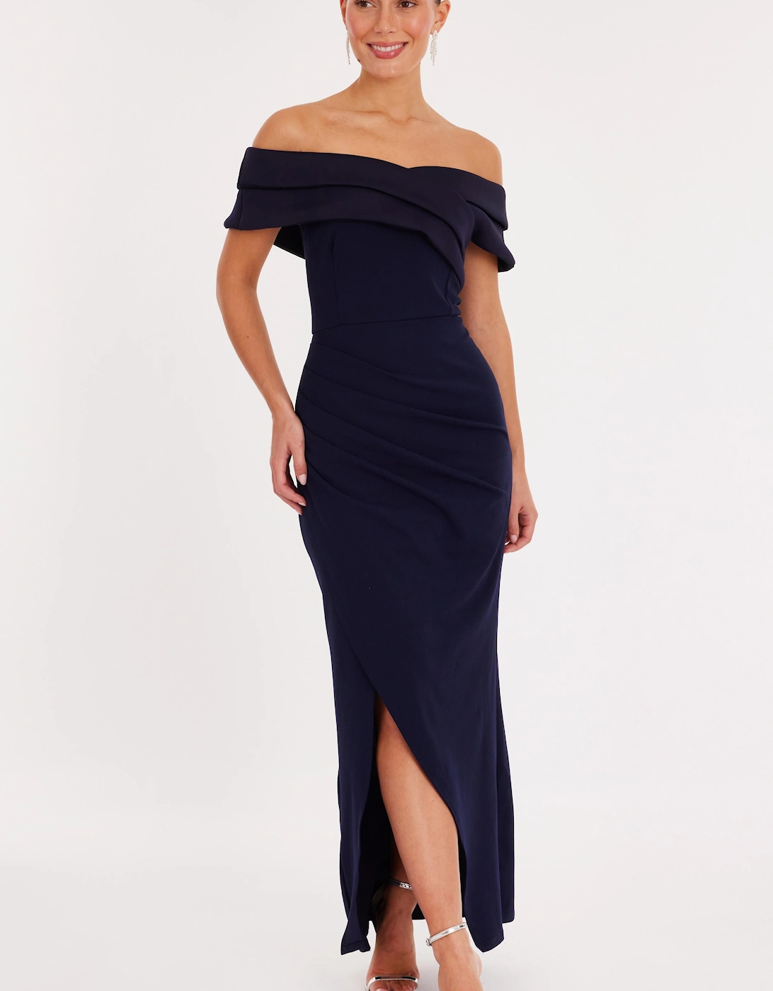 Navy Pleated Bardot Wrap Maxi Dress, 2 of 1