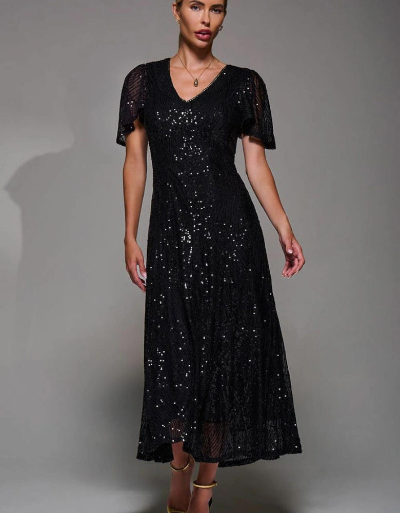 Sequin Angel Sleeve Fit & Flare Midaxi Dress