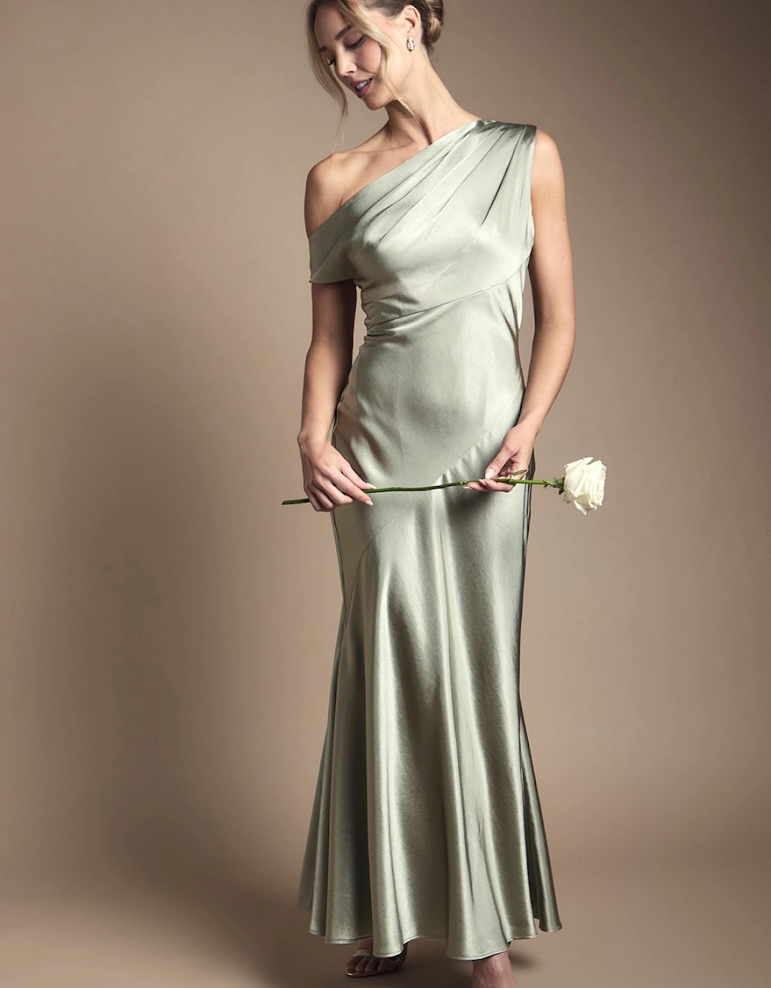 Satin Off One Shoulder Slinky Bridesmaid Fishtail Maxi Dress, 2 of 1
