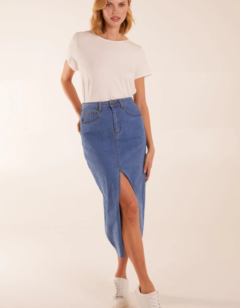 High Rise Denim Midi Skirt