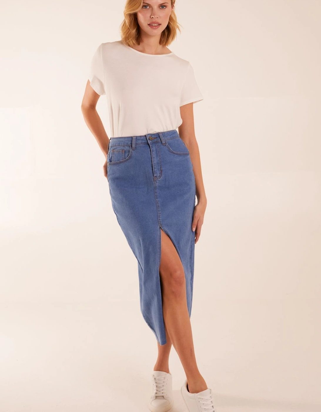 High Rise Denim Midi Skirt, 2 of 1