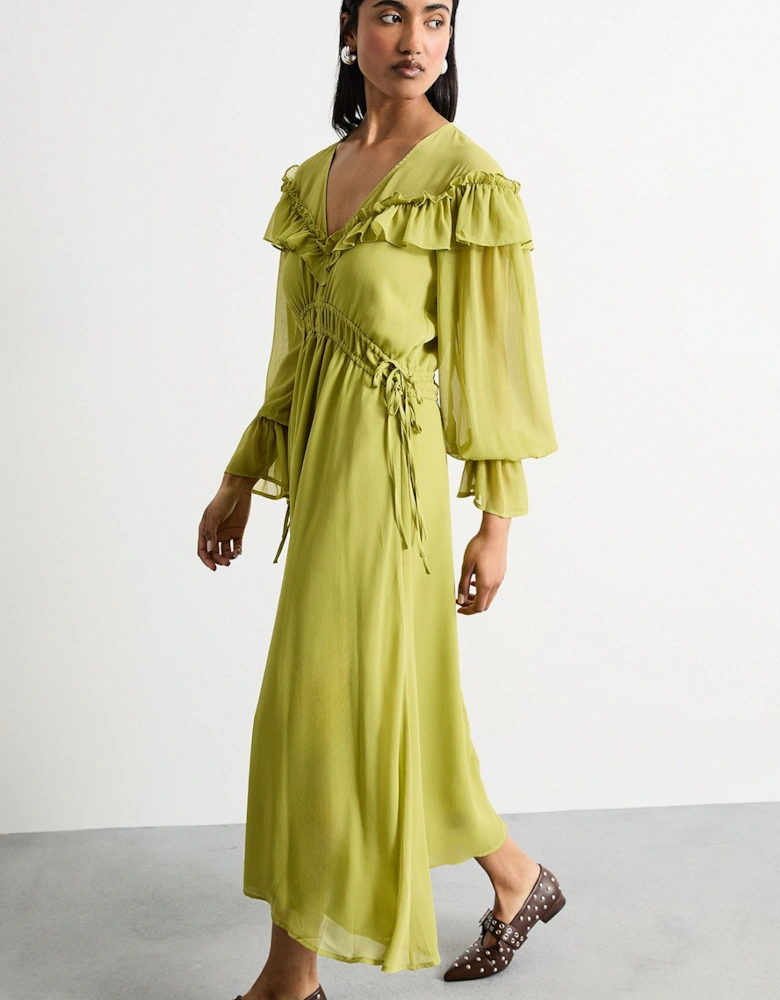 Ruffle Shoulder Detail V Neck Boho Maxi Dress