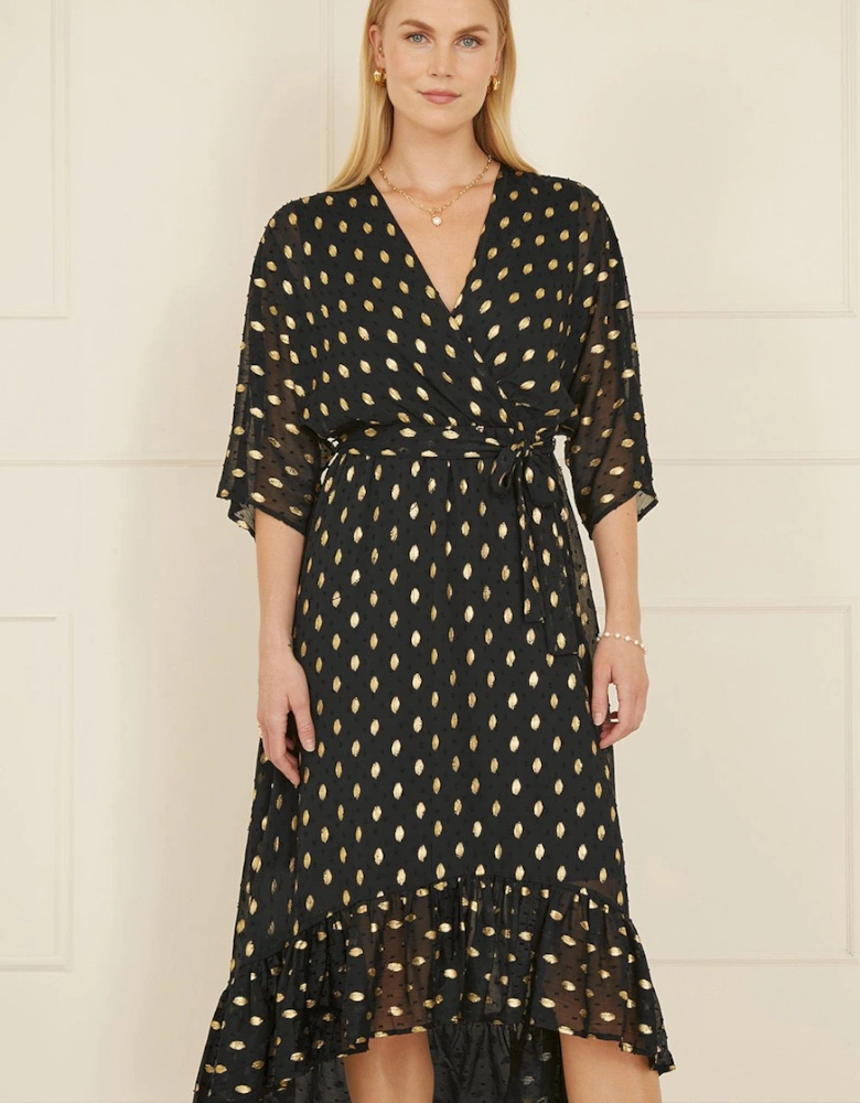 Black Foil Print Wrap Over Dip Hem Midi Dress