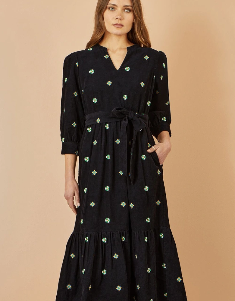 Black Flower Embroidery Midi Cord Dress