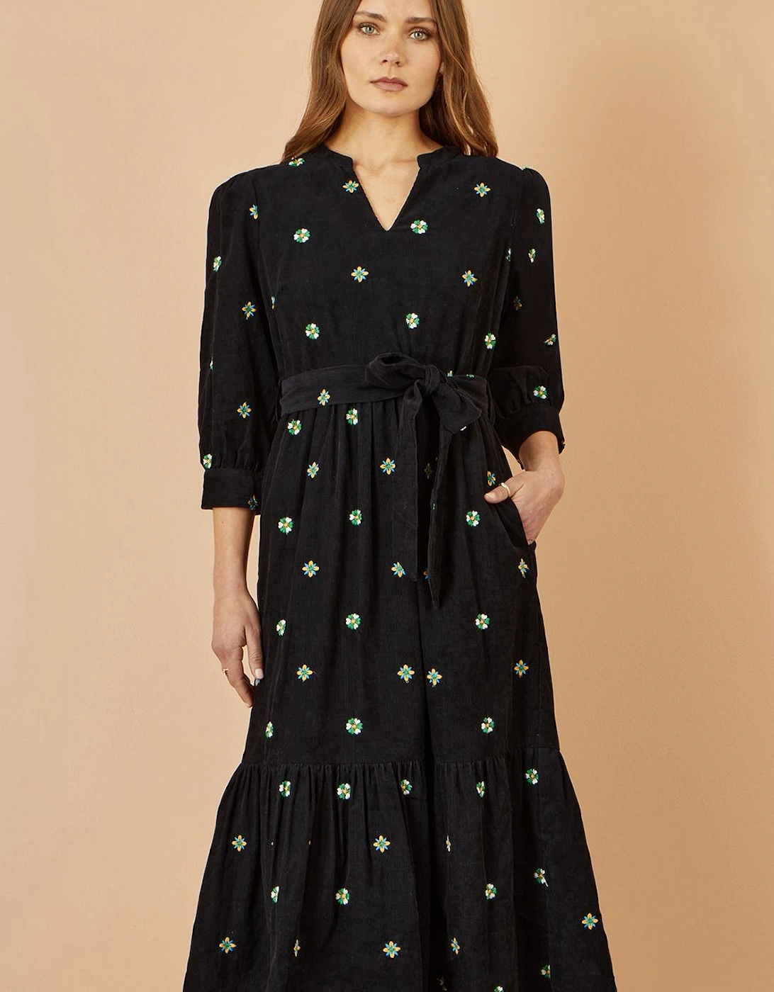Black Flower Embroidery Midi Cord Dress, 2 of 1