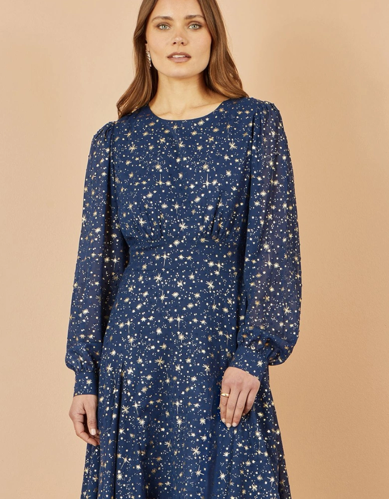 Navy Star Print Foil Long Sleeve Dress
