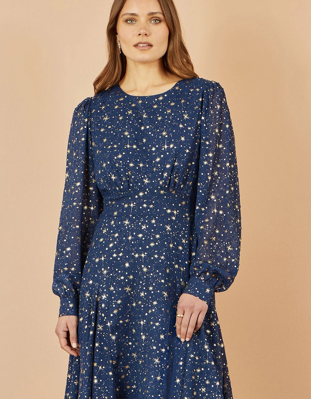 Navy Star Print Foil Long Sleeve Dress, 2 of 1