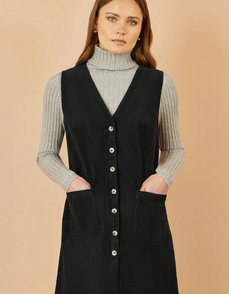 Black Cord Button Through Pinafore Dress With Pockets