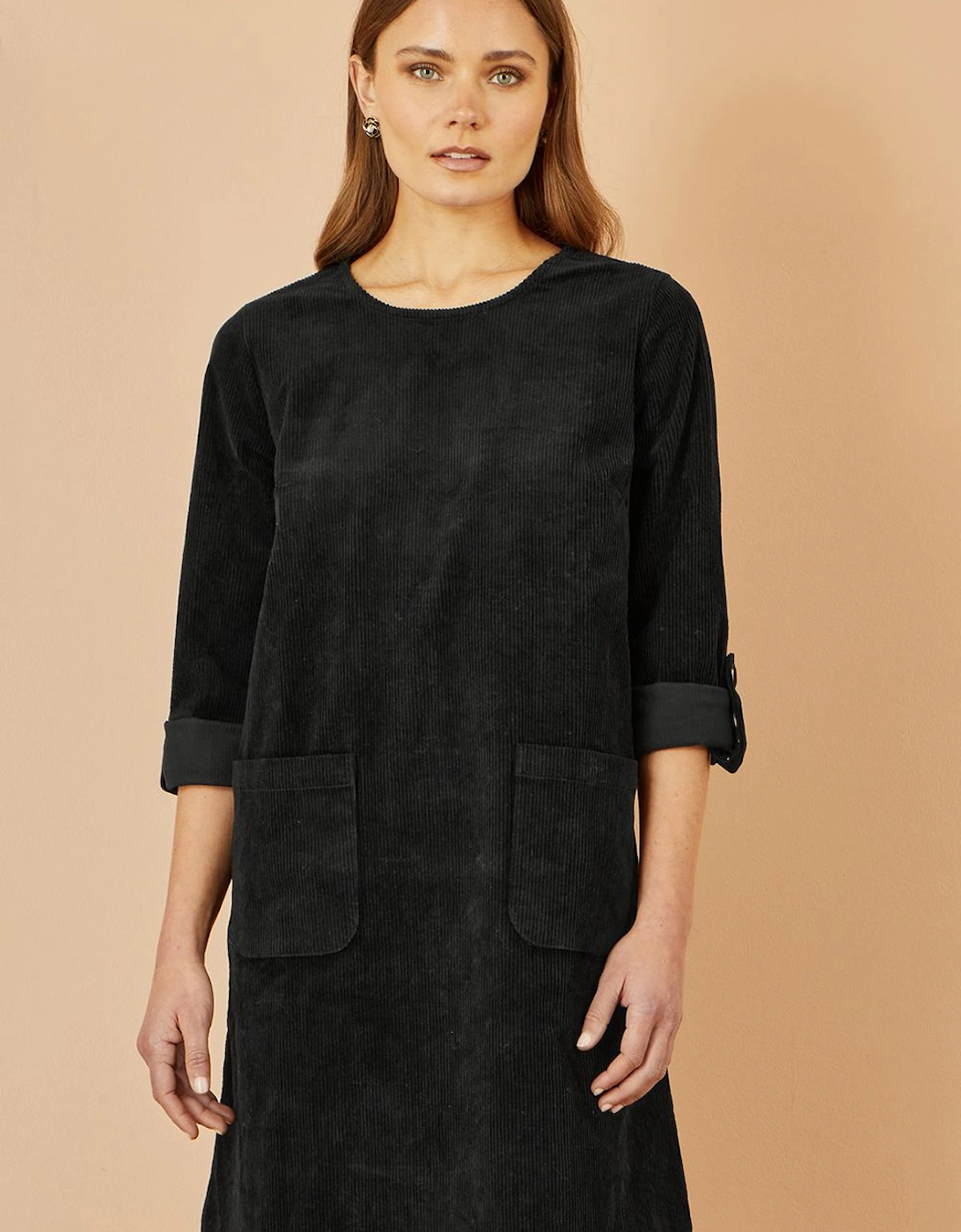 Black Cord Tunic Dress With 3/4 Sleeves And Pockets, 2 of 1