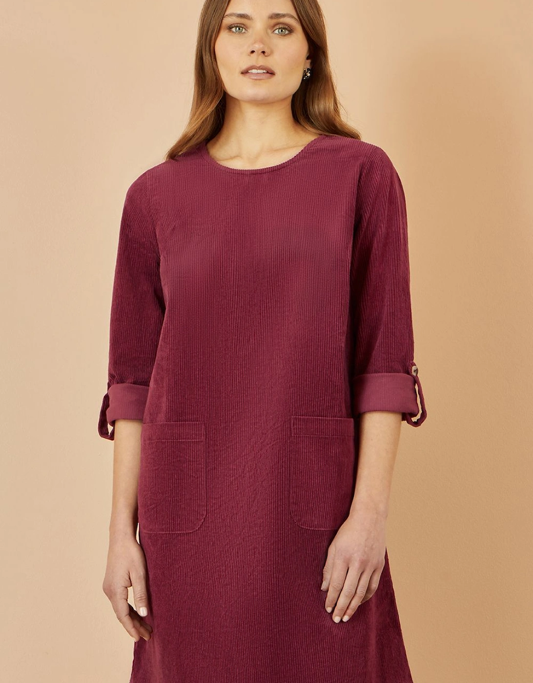 Burgundy Cord Tunic Dress With 3/4 Sleeves And Pockets, 2 of 1
