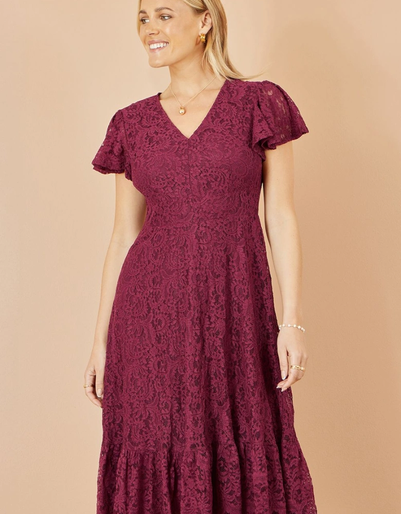 Burgundy Stretch Lace Puff Sleeve Midi Dress