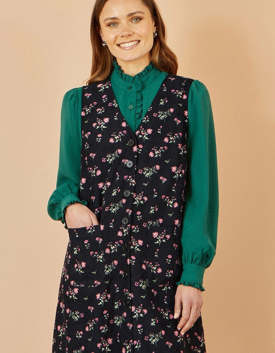 Black Floral Print Pinafore Dress With Button Up, 2 of 1