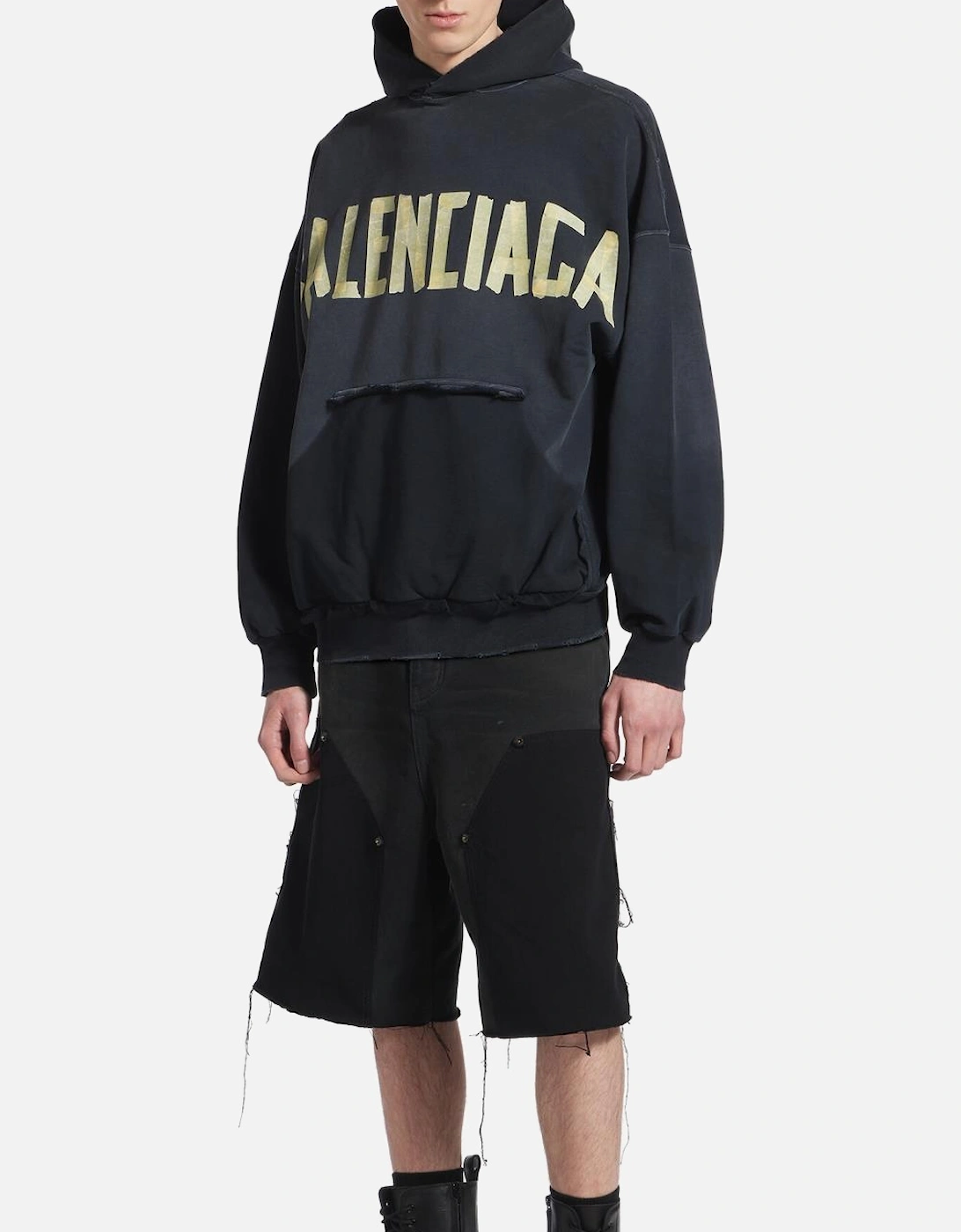 Taped Logo Ripped Pocket Oversized Hoodie in Faded Black