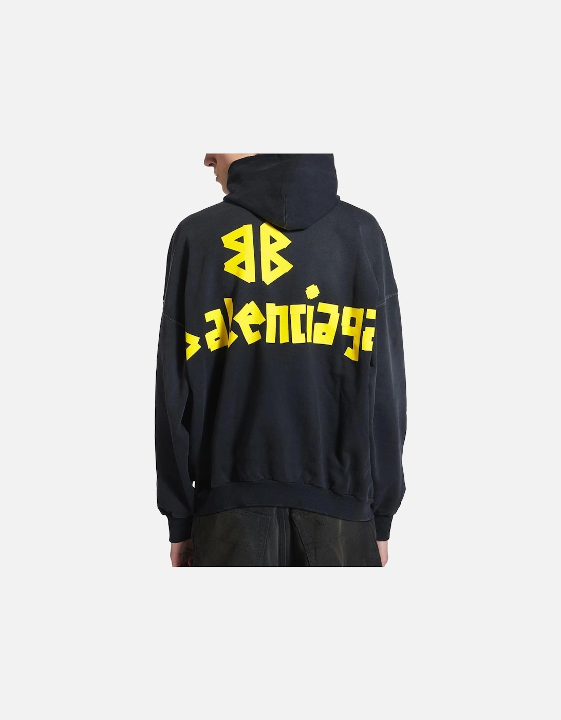Taped Logo Ripped Pocket Oversized Hoodie in Faded Black