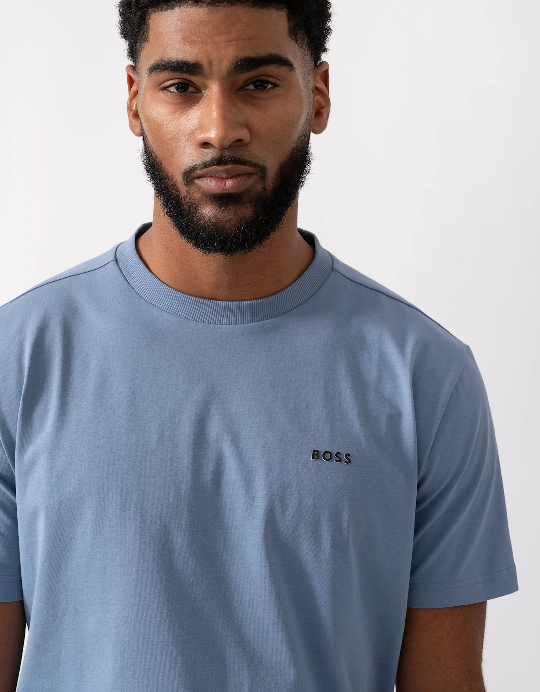 BOSS Green Tee Mens Stretch Cotton T-Shirt with Contrast Logo - Open Blue 490