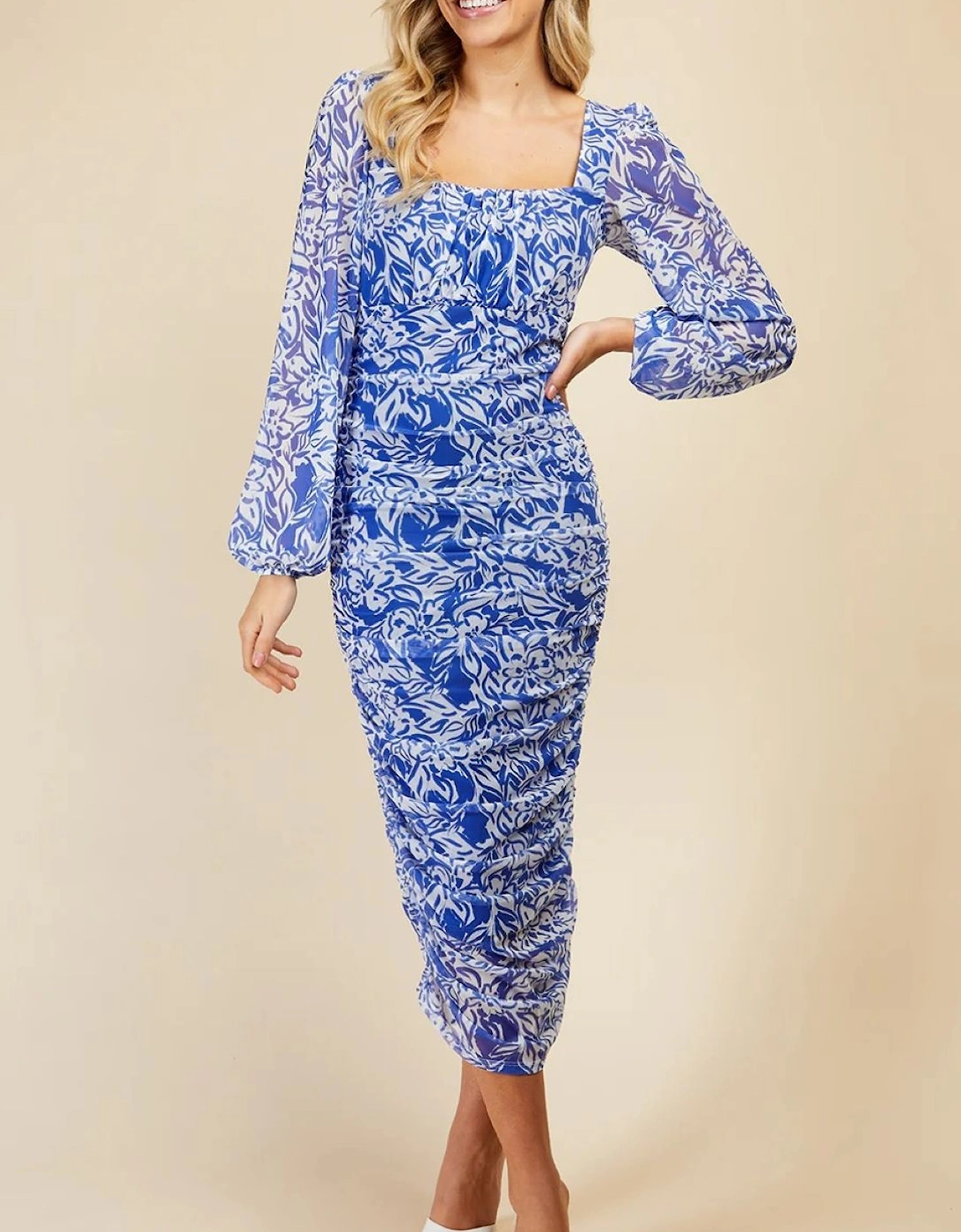Blue Floral Print Ruched Midi Bodycon Dress, 2 of 1