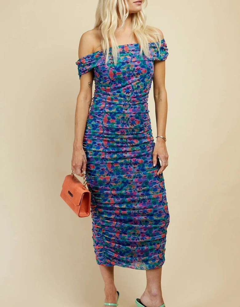 Blue Floral Print Ruched Bardot Midi Dress