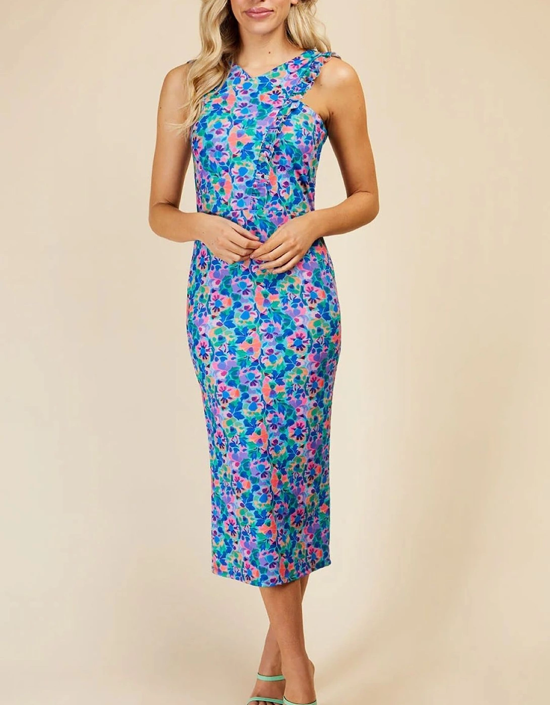 Blue Floral Print Crossover Neckline Midi Dress, 2 of 1