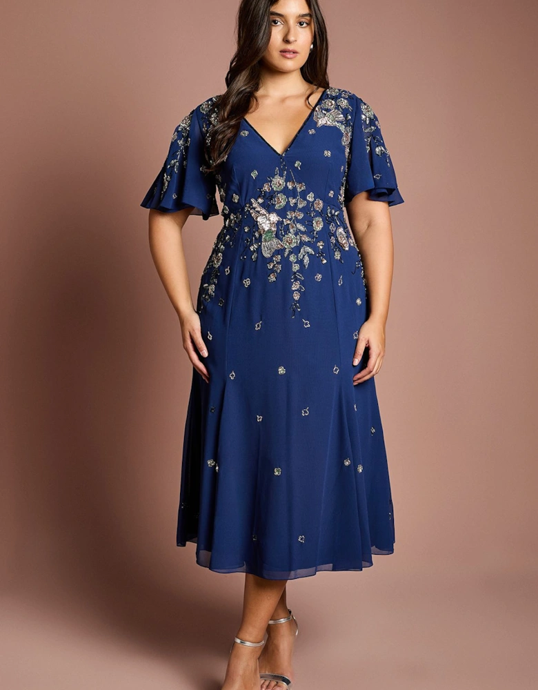 Plus Floral Embellished Flutter Sleeve Midi Dress