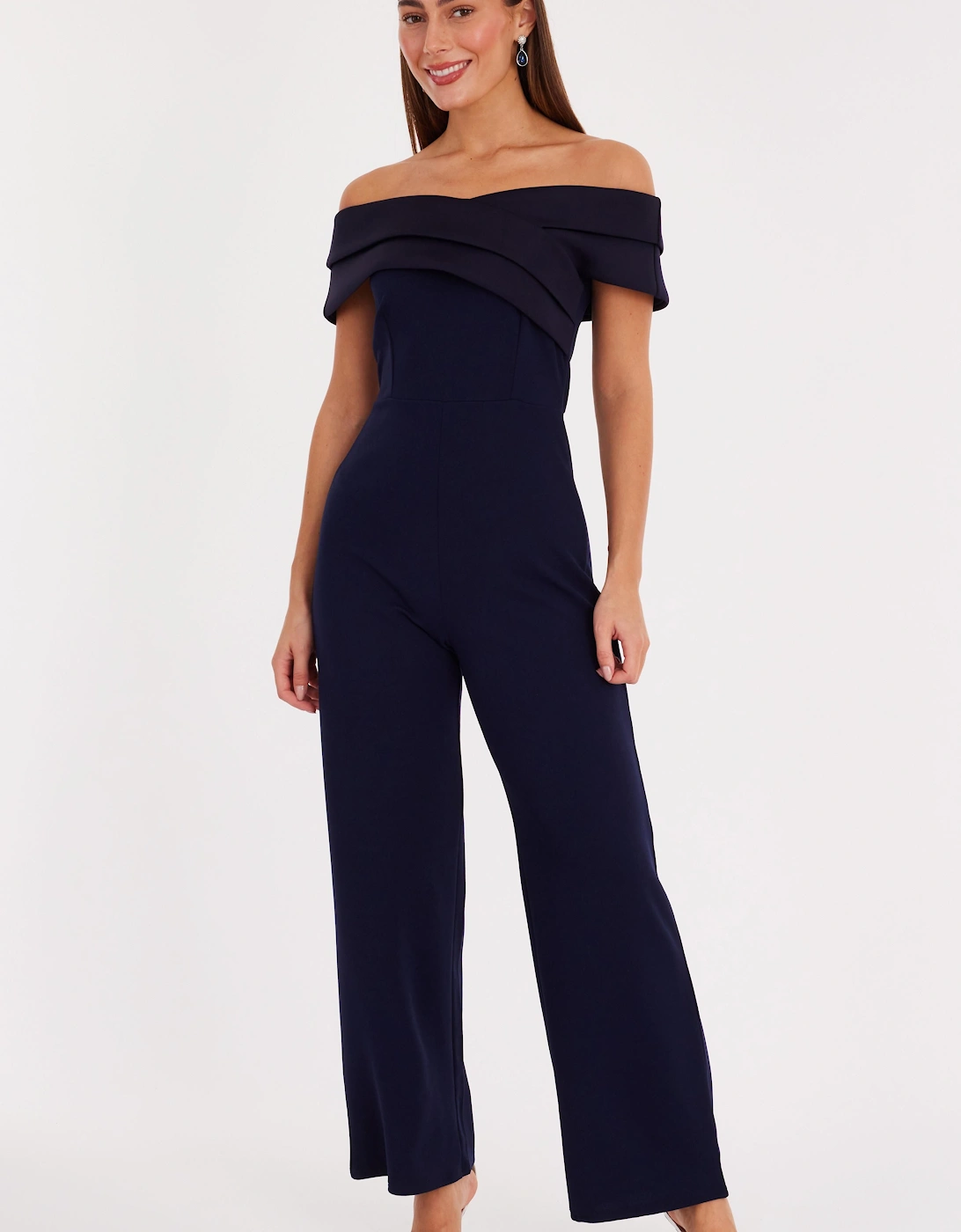 Navy Pleated Bardot Wide Leg Jumpsuit, 2 of 1