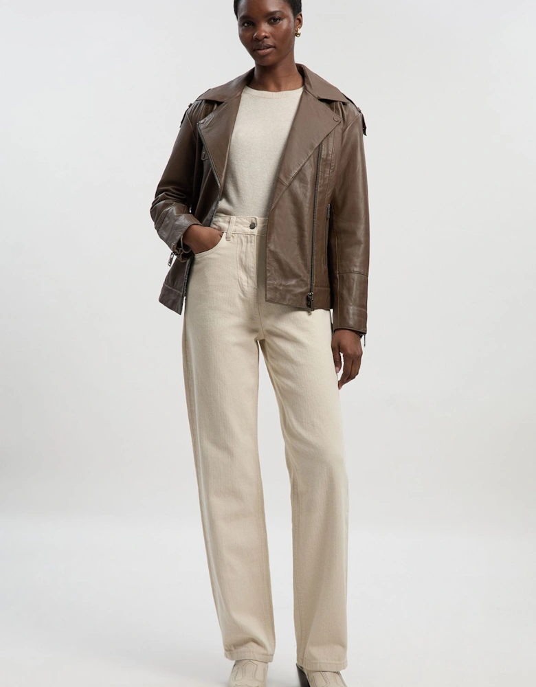 Denim Cream Stripe High Waist Straight Leg Jean